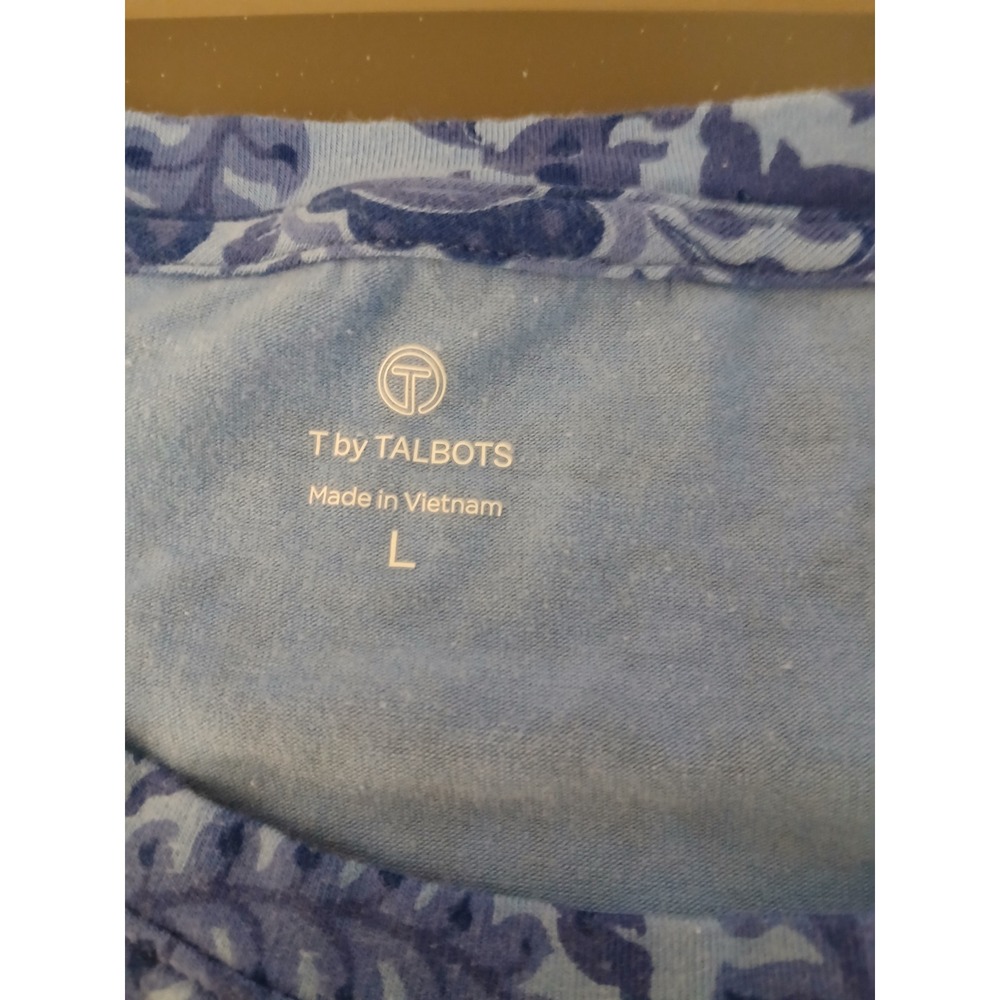 T by Talbots Womens Blue Damask Paisley Stretch Tee Top Large Modest - Picture 7 of 10